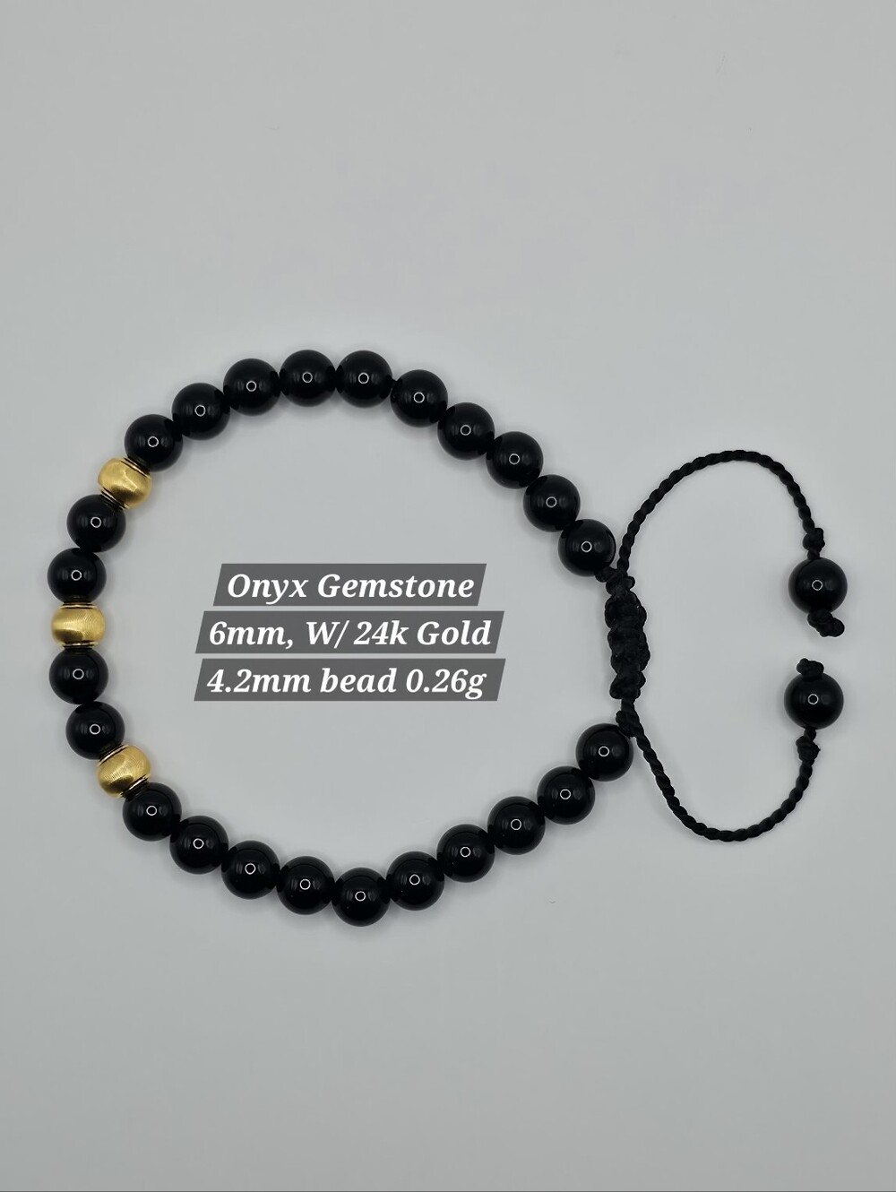 Black Onyx Gemstones 6mm, W/ 24k Gold 4.2mm Beads O.26g Ea. 7inch